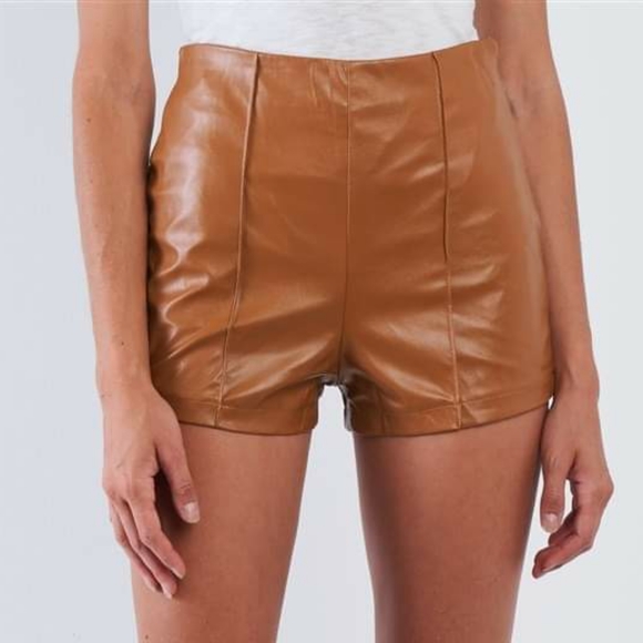 Sublime Vegan Leather High Waist Camel Mini Shorts - Picture 6 of 8